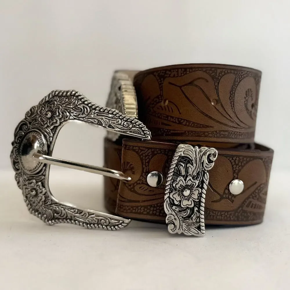 Y2K Brown Leather Belt Silver Buckle Adjustable Fit 26-36